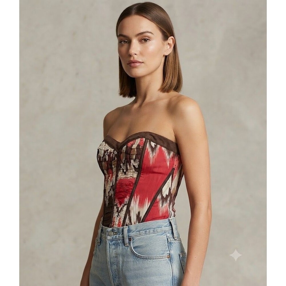 Bebe Silk Ikat Corset Top Brown/Red Baroque Print Y2K Bustier Size S Side Zipper